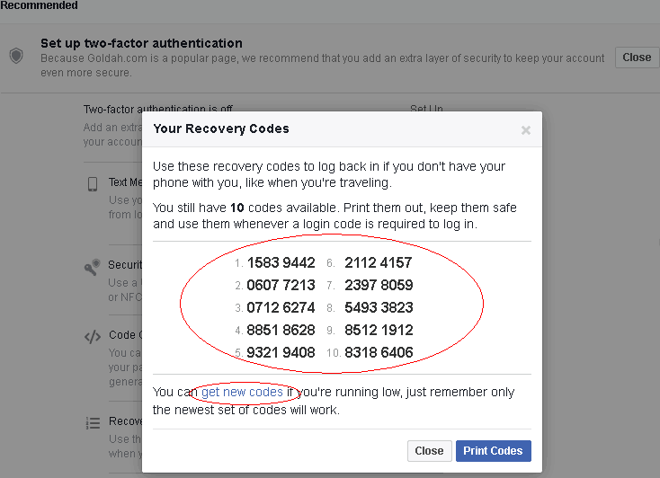 facebook number codes